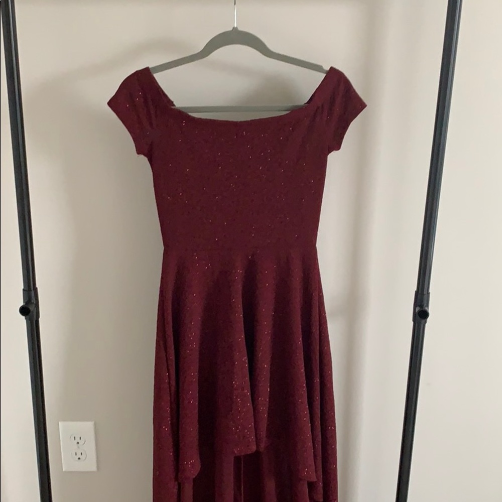 cute off the shoulder high-low semi dress